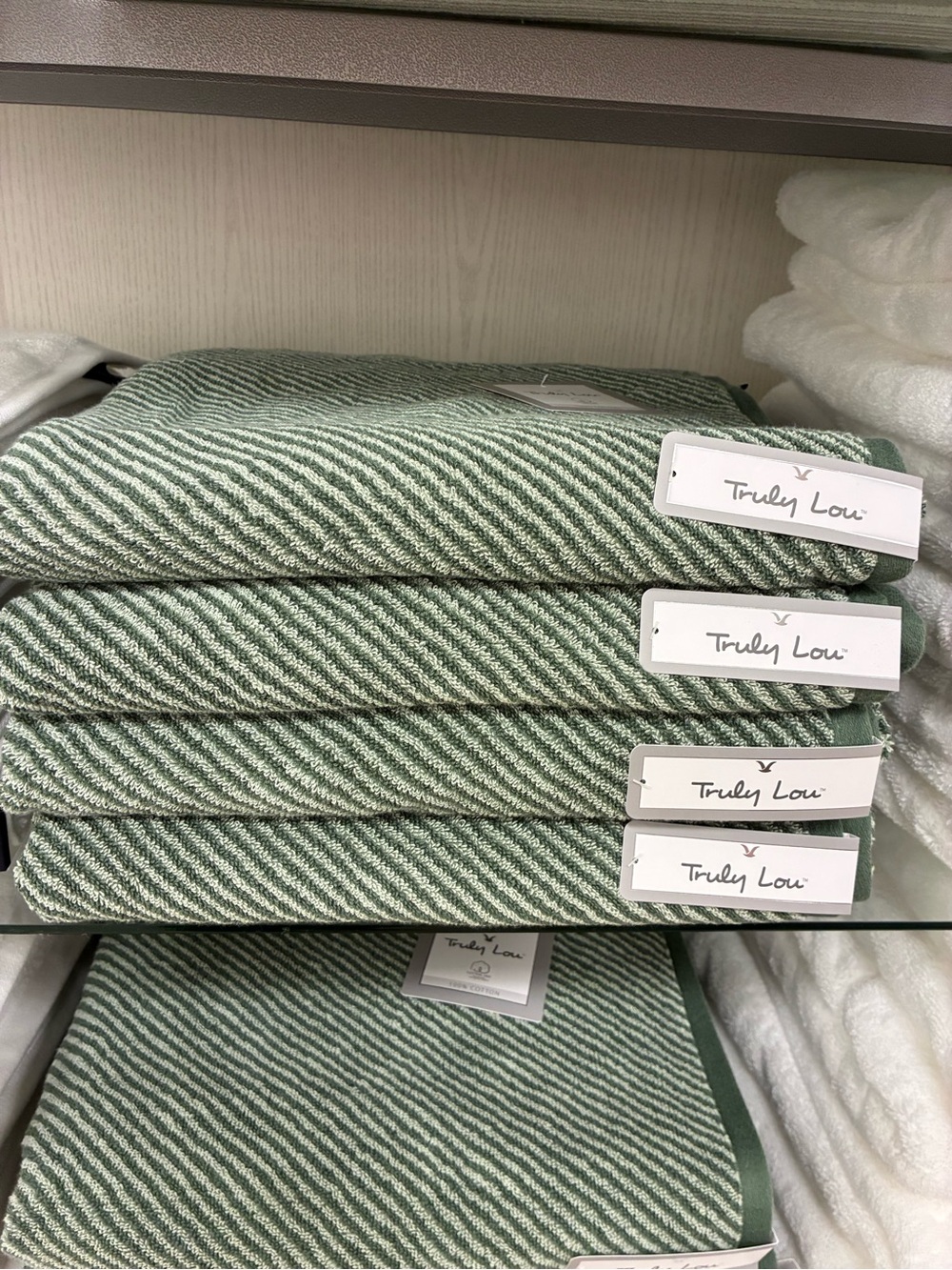 SET OF 3!!! TRULY Sage Green and White Diagonal Stripe Cotton Bath Towels